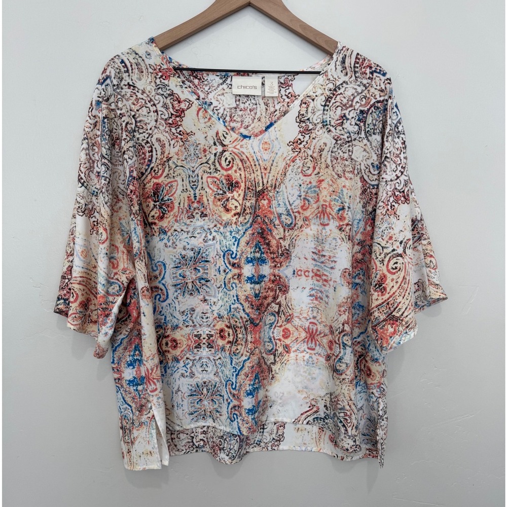 Chicos Paisley V-Neck Kimono Sleeve Blouse Boxy Blue Orange White XL Size 3 Boho